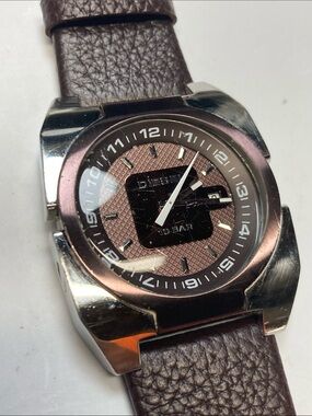 Diesel Brown Dial Watch Brown Leather Strap & Silver Case, DZ-1150, new battery